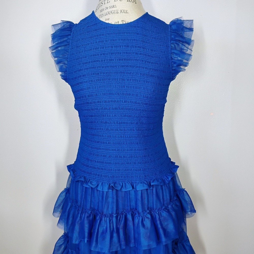 ME+EM Ethereal Tulle Shirred Midi Dress Womens 8 Royal Blue Tiered Wedding Party - Picture 4 of 15